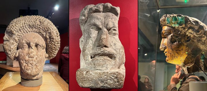 Three photos of busts found at the Roman Baths