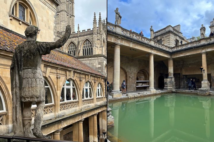 A photo of a Roman statue and a photo of the Roman Baths