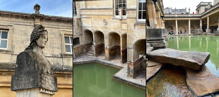 Three photos - a bust - view from above the Roman Baths (hot springs) and a view from water level with a stone bench in the foreground