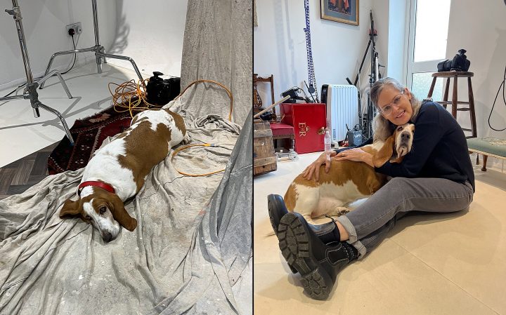 Behind the scenes photos of Maundy Mitchell, a guest photographer at English Photoworks, with David Shoukry's Basset Hound, Lucy.