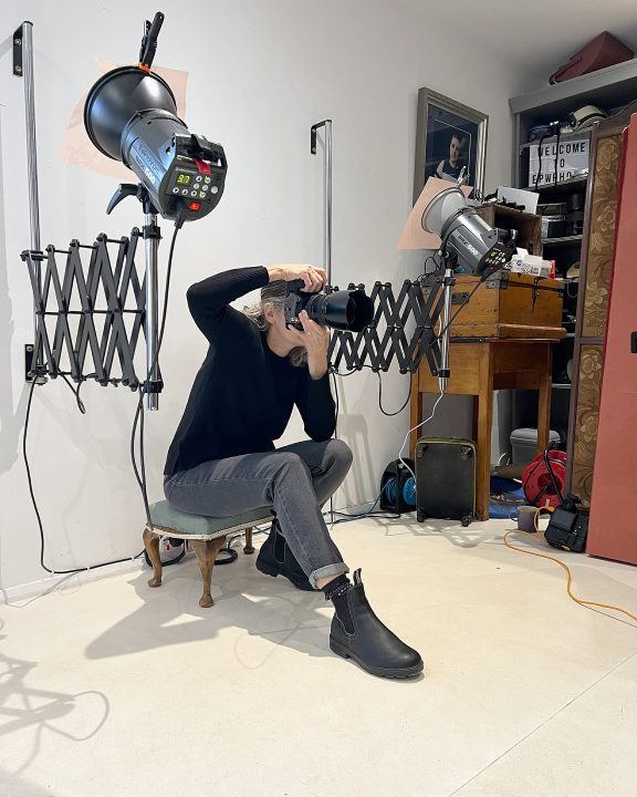 Behind the scenes photo of NH portrait photographer Maundy Mitchell, photographing at English Photoworks in Corsham, England