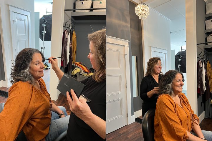 Behind the scenes photos at the start of Xine's photo session for Unforgettable: the Over 50 Revolution - professional hair and makeup styling by Donna Cotnoir