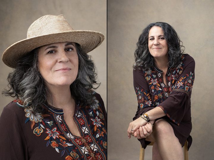 two portraits of a woman wearing a brown embroidered dress, cowboy hat, in front of a beige backdrop
