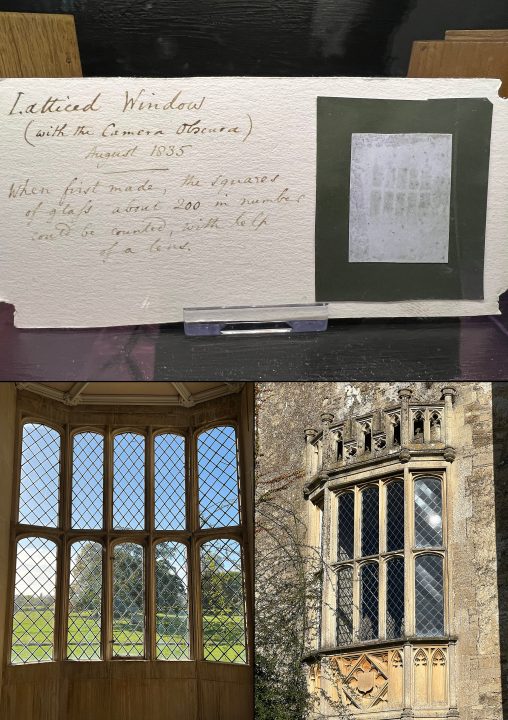 Photo of "The Latticed Window," the first photographic negative (at the William Henry Fox Talbot Museum) and two photos of the actual latticed window at Lacock Abbey