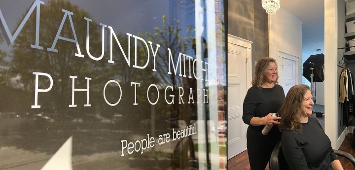 Behind the scenes photos - Maundy Mitchell Photography front door sticker and Stylist Donna Cotnoir working with client Laura, who is part of Unforgettable: the Over 50 Revolution