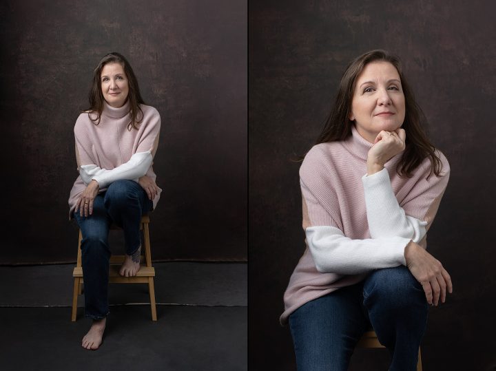 Casual studio portraits of a woman wearing a pink turtleneck sweater