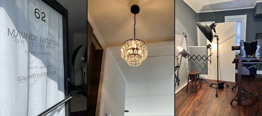 Behind the scenes photos: open front door of Maundy Mitchell Photography at 62 Main Street, Plymouth, NH; chandelier; antique camera setup
