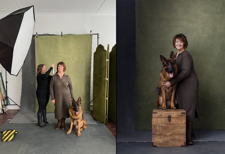Behind the scenes during Susan's portrait experience for Unforgettable: the Over 50 Revolution - hair and makeup stylist with Susan; final portrait of Susan with her dog