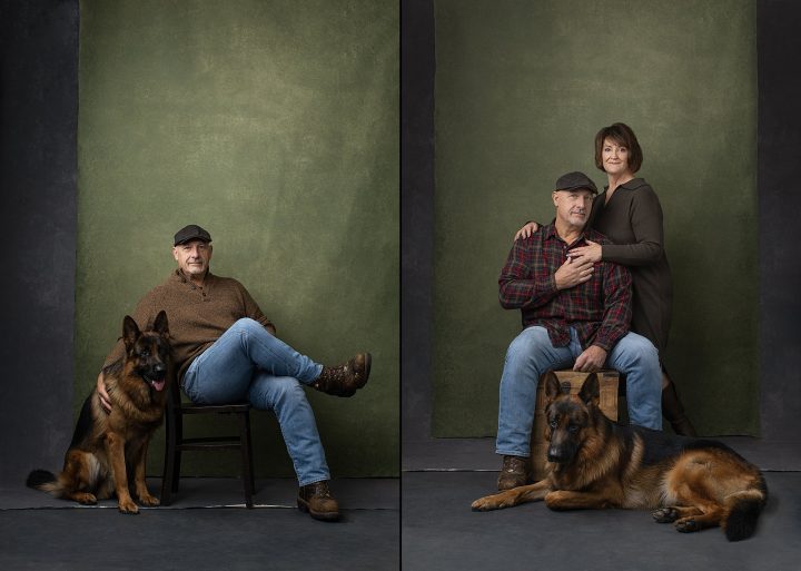 Portraits of a couple with their dog at Maundy Mitchell Photography studio