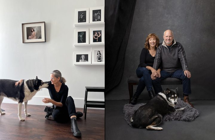 Maundy Mitchell behind the scenes with a Husky dog and a portrait of the dog with its owners