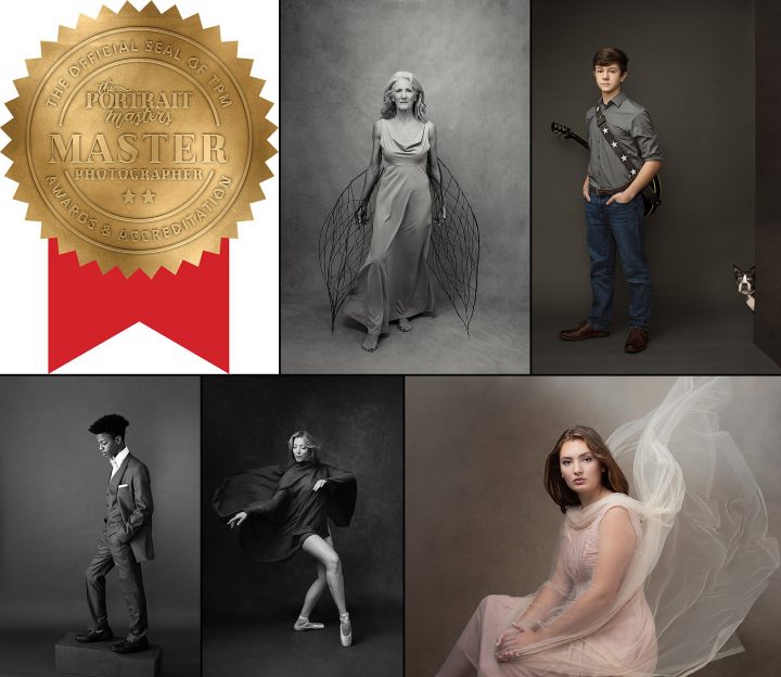Maundy Mitchell achieves Master Photographer accreditation milestone from the Portrait Masters International.  Collage of images include award ribbon and award-winning portraits