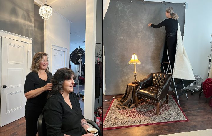 Behind the scenes at Kree's Unforgettable: the Over 50 Revolution portrait experience at Maundy Mitchell Photography.  Hair & makeup styling by Donna Cotnoir; Maundy hanging a hand-painted backdrop.
