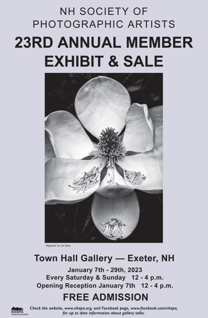 Poster with info about the NH Society of Photographic Artists 23rd Annual Member Exhibit, with an image of a Magnolia by Joe Sack