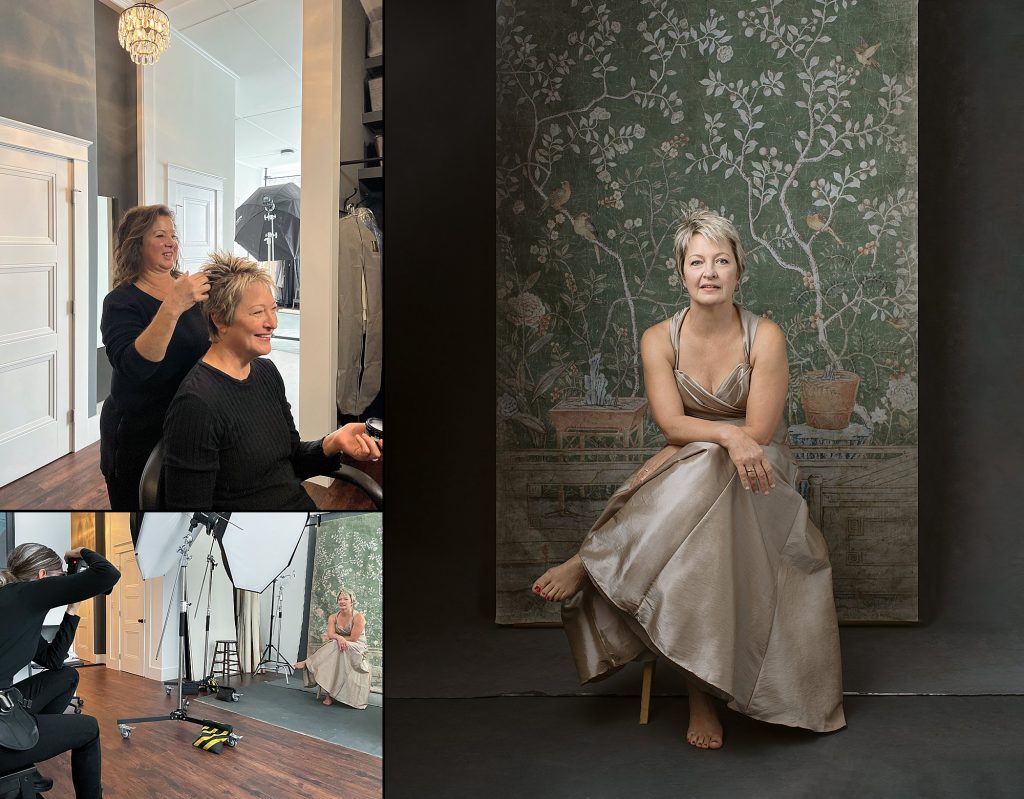 Behind the scenes before Carol's portrait session for the Over 50 Revolution with hair and makeup artist, and working with Maundy Mitchell, and a finished portrait of Carol in front of a vintage backdrop
