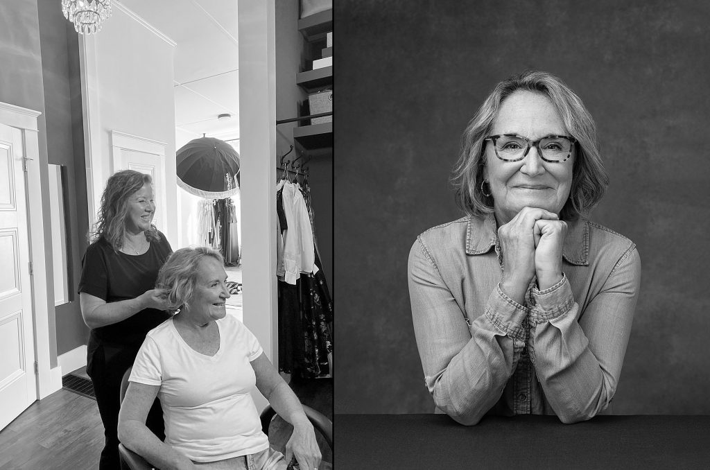 Behind the scenes before Garlyn's portrait session for the Over 50 Revolution, and a finished black and white portrait