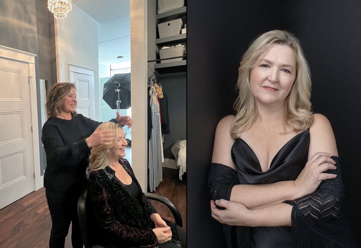 Before and after photos of MaryEllen during her Over 50 Revolution portrait experience - hair and makeup styling by Donna Cotnoir / a finished portrait of MaryEllen in black