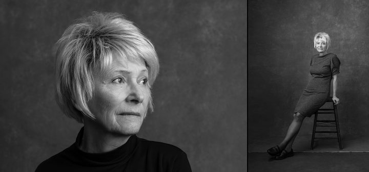 Two black and white portraits of Rebecca for Unforgettable: the Over 50 Revolution at Maundy Mitchell Photography