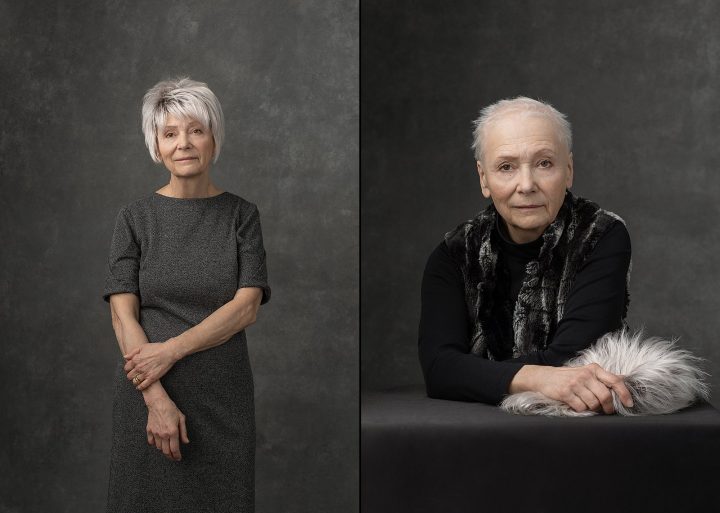 Two portraits of Rebecca for the Over 50 Revolution: wearing a wig and holding a wig