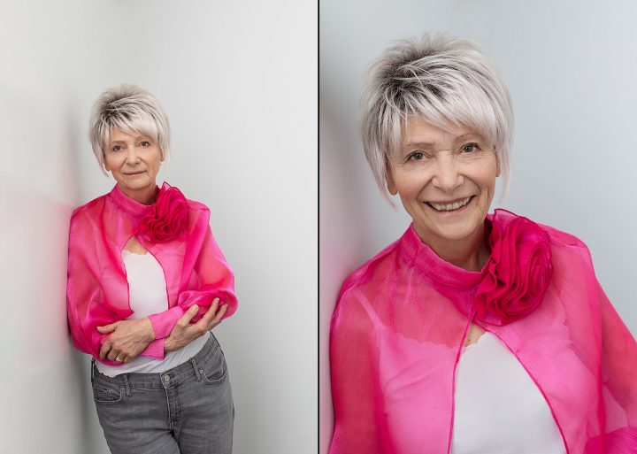 Two portraits of Rebecca wearing a bright pink sheer top against a white background, for her Over 50 Revolution portrait experience