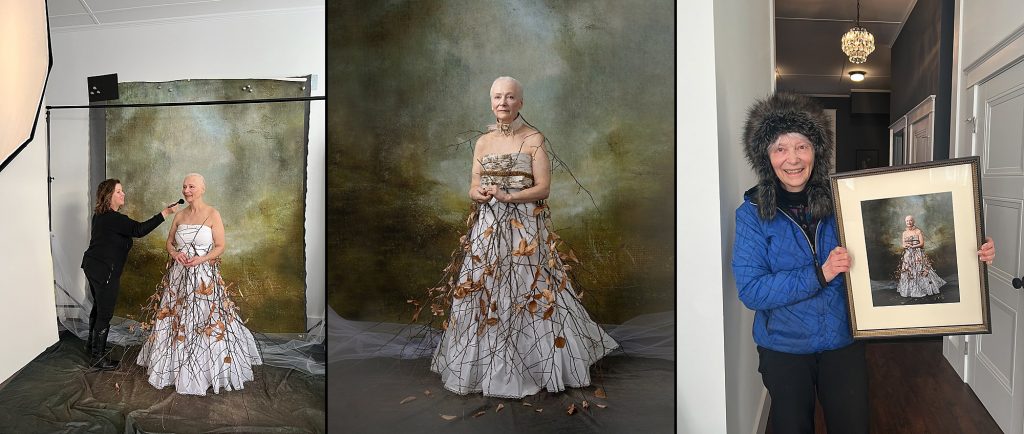 Behind the scenes during Rebecca's portrait session for the Over 50 Revolution, a finished portrait of Rebecca wearing a twig skirt, and Rebecca holding the custom-framed portrait of herself