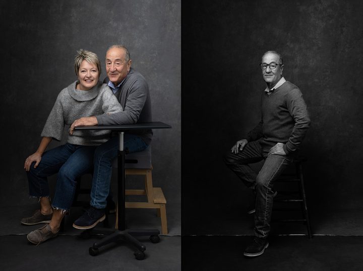 Two portraits: Carol with her husband, Ralph, and a black and white portrait of Ralph