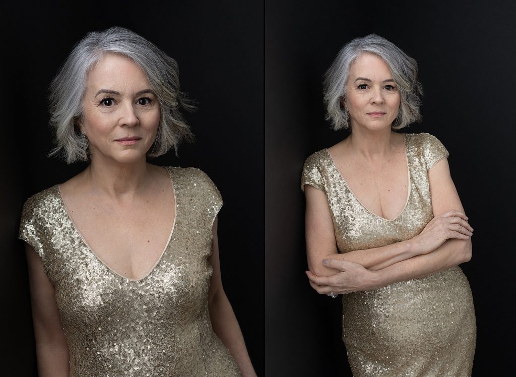 Two portraits of Dianne, wearing a gold gown for the Over 50 Revolution portrait experience