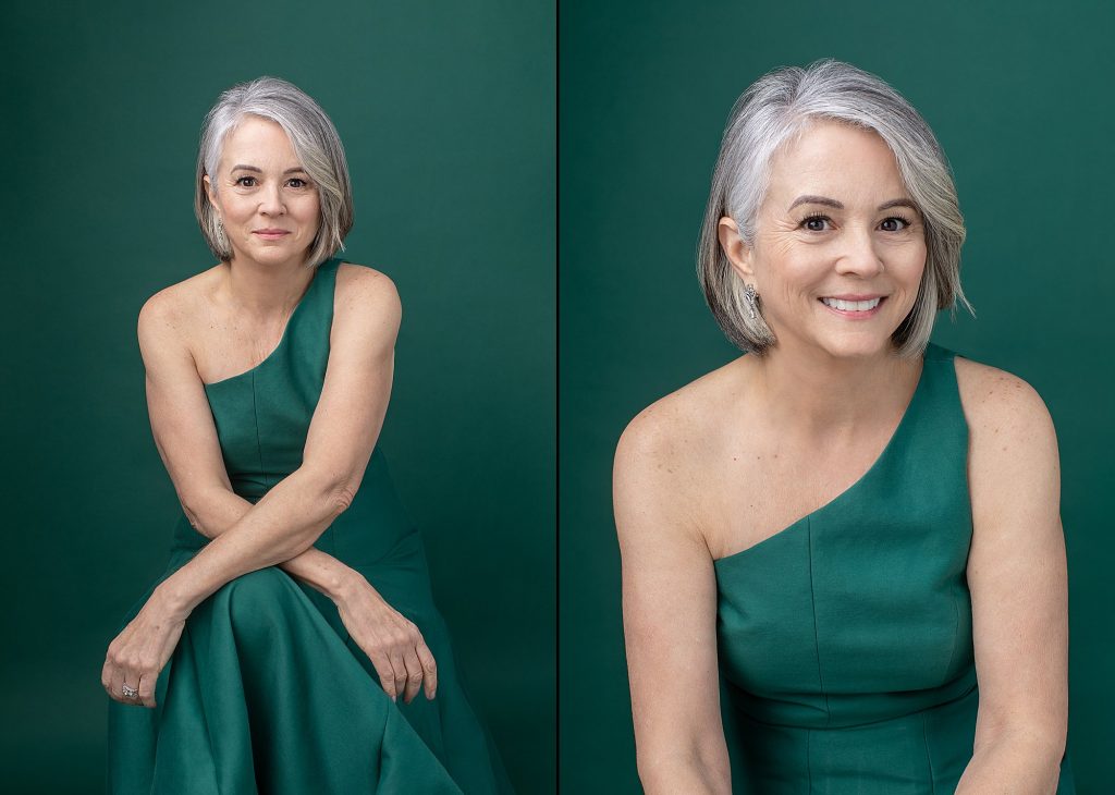 Two portraits of Dianne for Extraordinary: the Over 50 Revolution. She is wearing a green gown in front of a green backdrop.