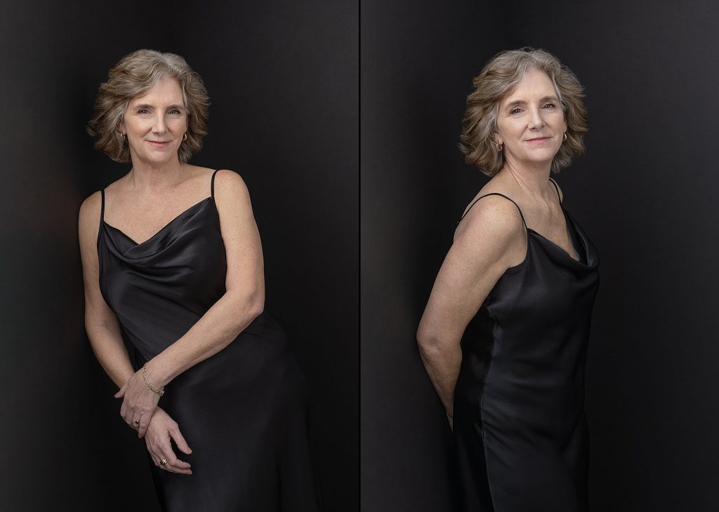 Two portraits of Nancy from her portrait experience Extraordinary: the Over 50 Revolution.  She is wearing a black slip dress in front of a black background.