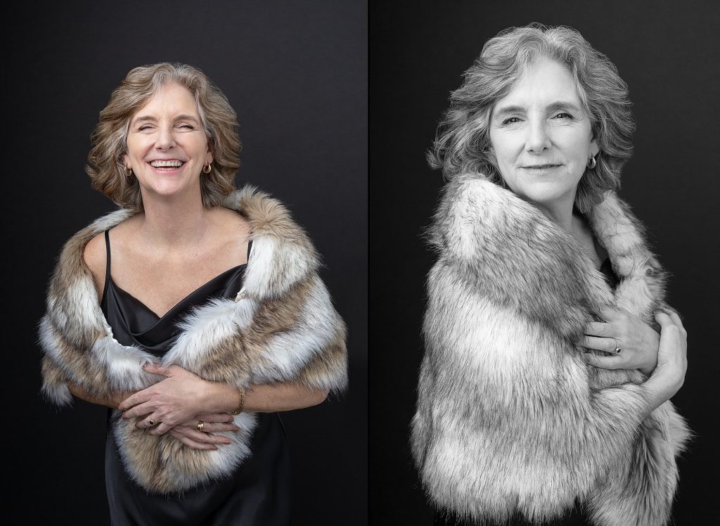 Two portraits of Nancy from her portrait experience Extraordinary: the Over 50 Revolution.  She is wearing a faux fur stole.