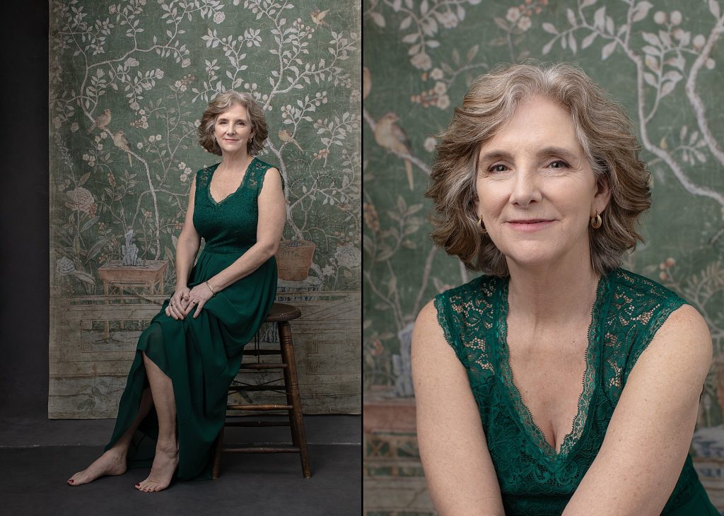 Two portraits of Nancy from her portrait experience Extraordinary: the Over 50 Revolution.  She is wearing a green dress in front of an antique tapestry backdrop.