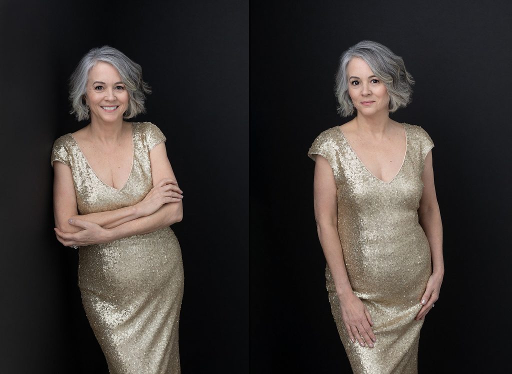 Two portraits of Dianne, wearing a gold gown for the Over 50 Revolution portrait experience