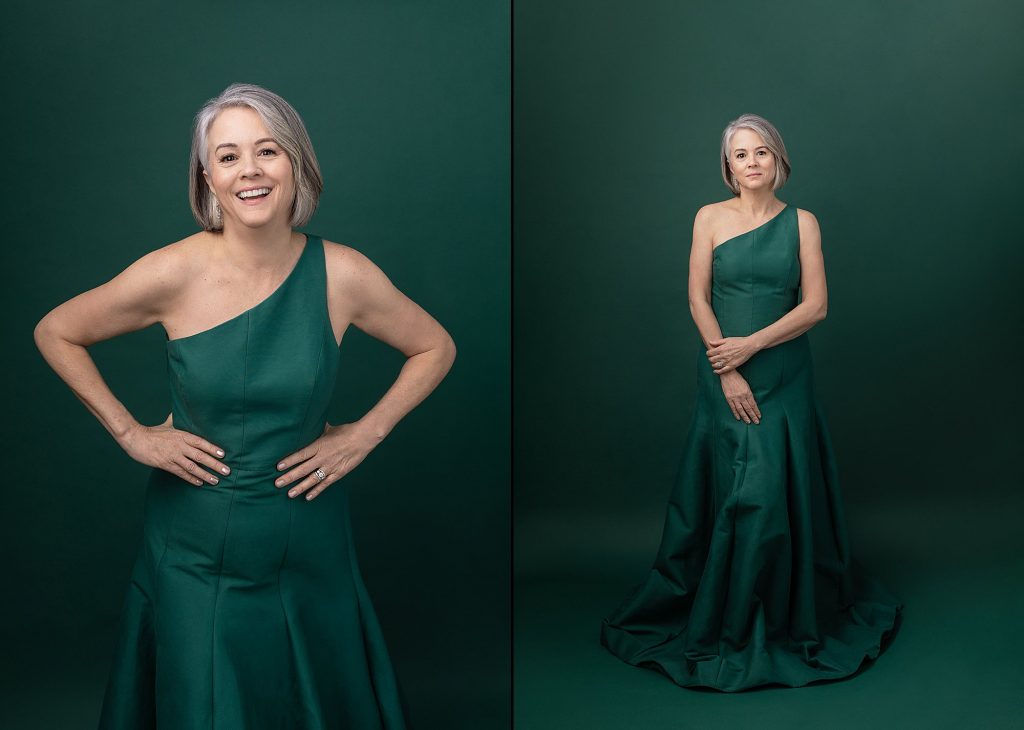 Two portraits of Dianne from her Extraordinary: the Over 50 Revolution portrait experience.  She is wearing a green gown, in front of a green backdrop.