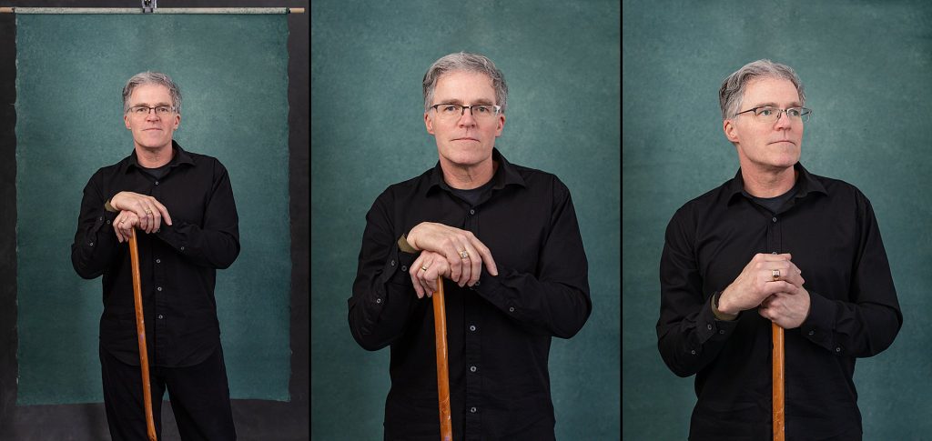 Three photos of portrait painter Paul Mock in front of teal backdrop with mahl stick.