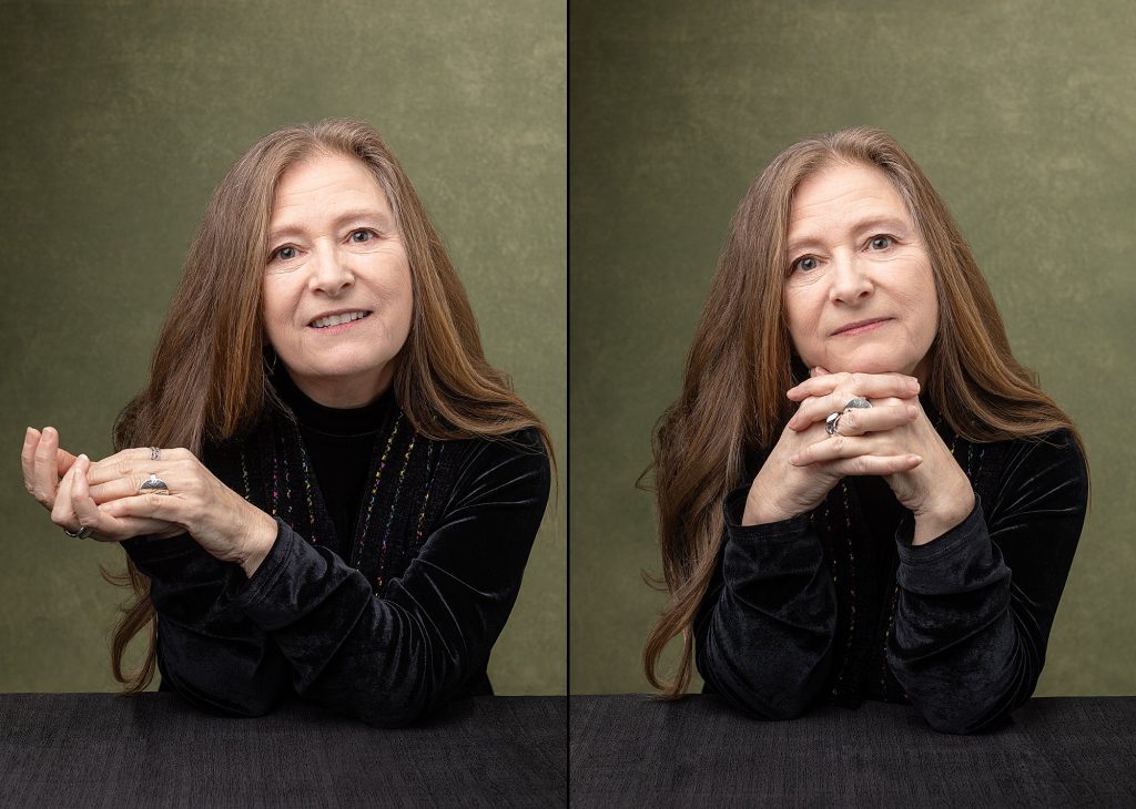 Two portraits of Kathy seated at a table with a green backdrop - from her portrait experience for Extraordinary: the Over 50 Revolution