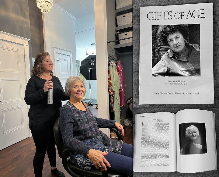 Behind the scenes from Extraordinary: the Over 50 Revolution - Rebecca (hair and makeup by Donna Cotnoir) and two photos of the book Gifts of Age by Charlotte Painter