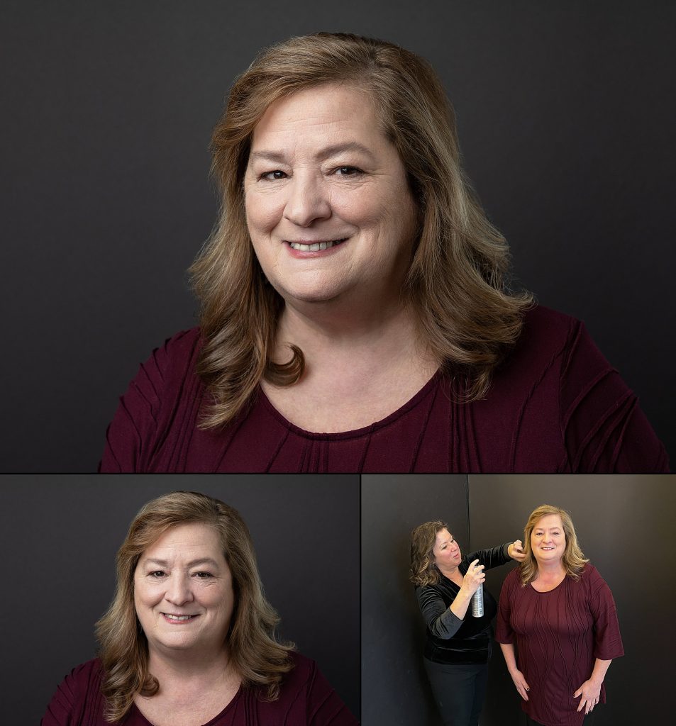 Two headshots for Robin from her Extraordinary: the Over 50 Revolution portrait experience and one behind-the-scenes photo of Robin with hair and makeup artist Donna