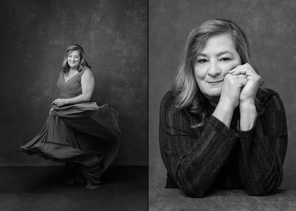 Two black and white portraits of Robin from her portrait experience Extraordinary: the Over 50 Revolution