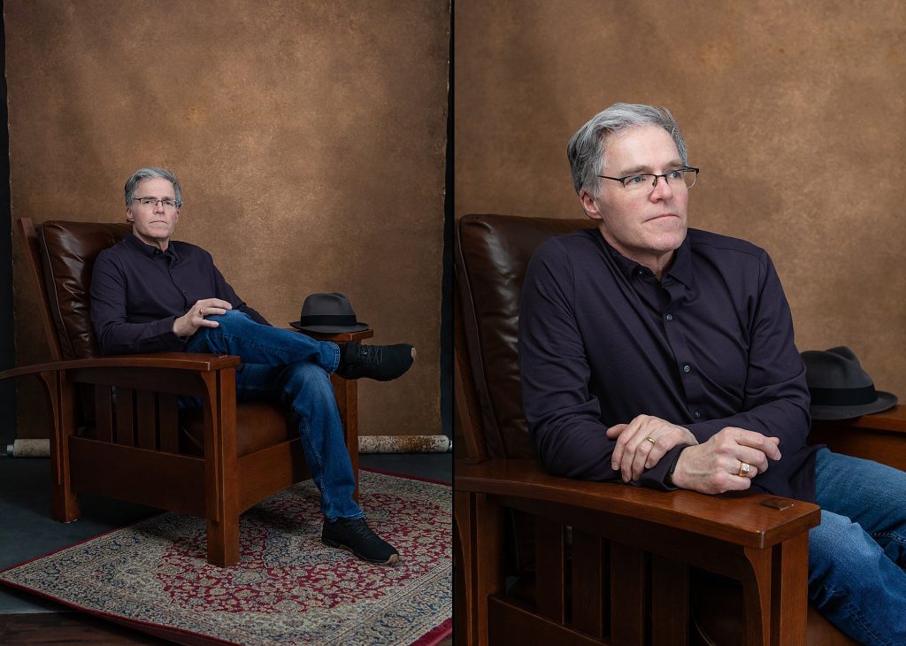 Two photos of portrait painter Paul Mock sitting in chair with hat beside him