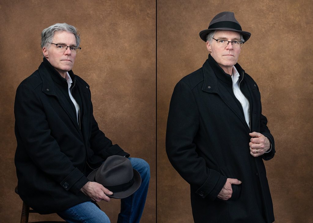 photos of Boston area portrait painter Paul Mock, wearing a black coat and hat