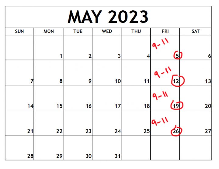 May 2023 calendar with Spring Photo Class dates 