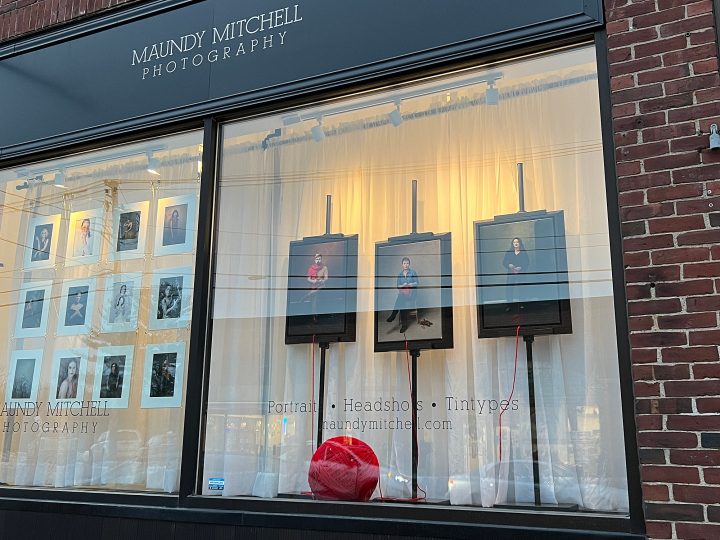 Knitted Together window display at Maundy Mitchell Photography, 62 Main Street, Plymouth, NH - February 2023
