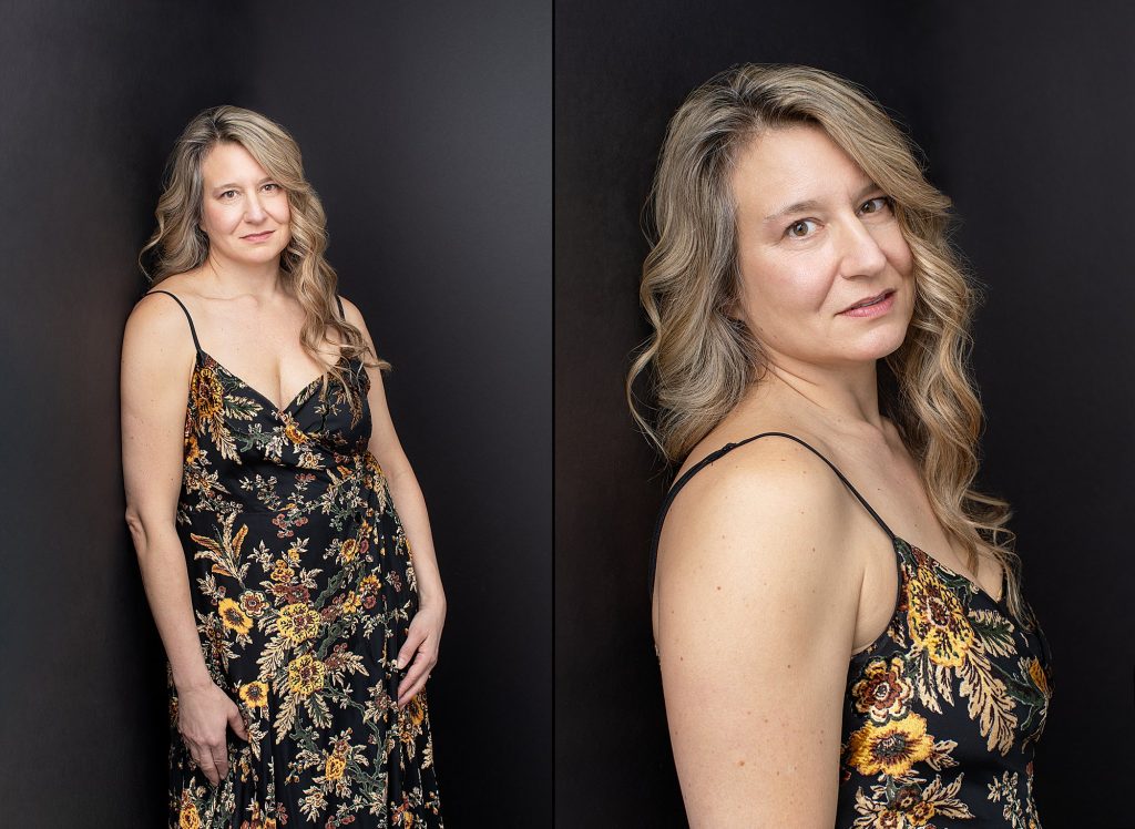 Two portraits from Extraordinary: the Over 50 Revolution - Amanda, wearing a floral dress in front of a dark background