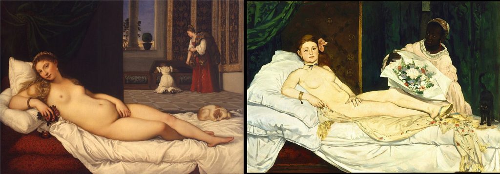 Two photos side-by-side: Titian's Venus of Urbino and Manet's Olympia