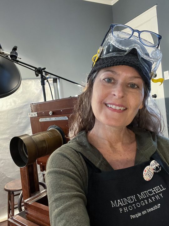 A cell phone selfie - portrait photographer Maundy Mitchell preparing for a tintype photo session