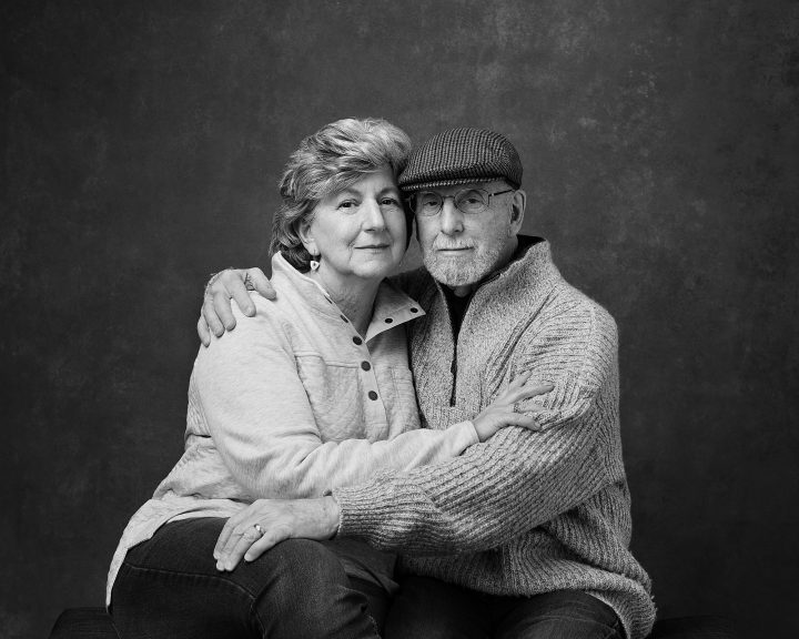 A casual black and white portrait of Susan and her husband Wes, as they near their 50th wedding anniversary