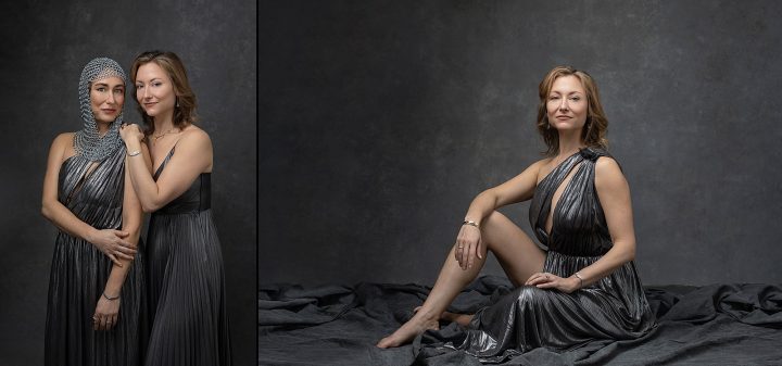 Two portraits of sisters wearing silver gowns