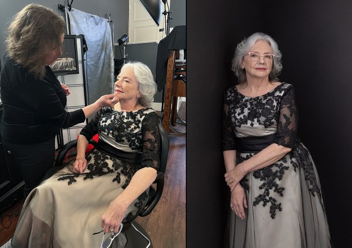 A behind-the-scenes photo of Kathy enjoying hair and makeup styling as part of her session for Extraordinary: the Over 50 Revolution; a portrait of Kathy wearing a vintage lace dress