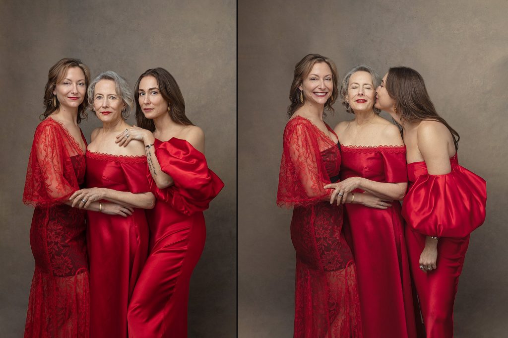 Two portraits of a mother with her daughters, all wearing red dresses