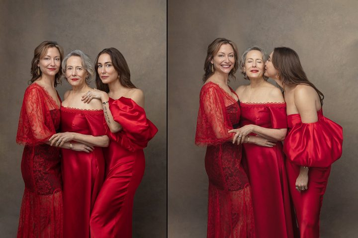 Two portraits of mother and daughters wearing red dresses