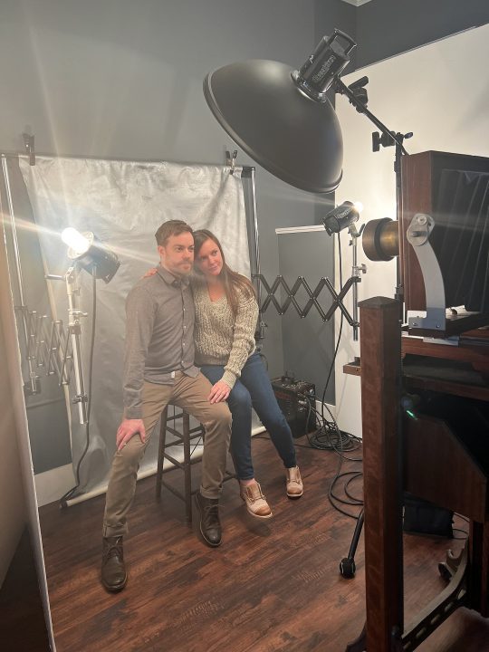 Matt and Lauren, behind the scenes during their tintype engagement session.
